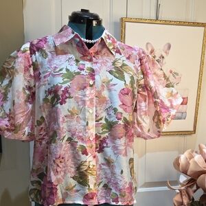 Nwt Large LUCKY & COCO Pink Floral Puff-Sleeve Button-Down Shirt
